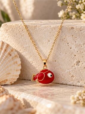Playful Red Fish Pendant Necklace Gold Tone Enamel Statement Jewelry